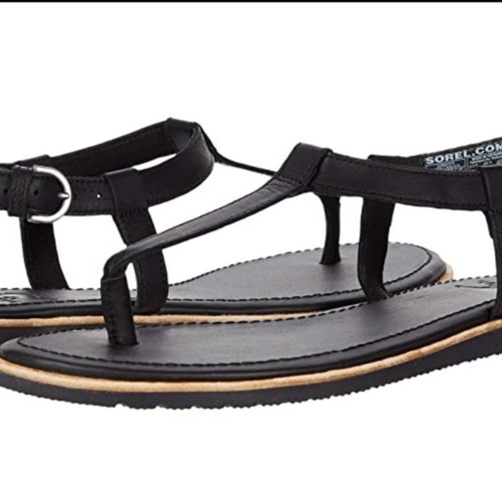 Sorel Black T-Strap Sandals with Metal Buckle